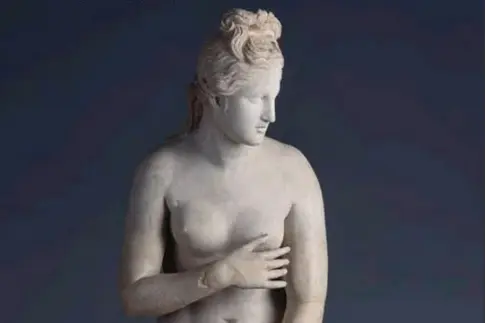 Ein Sammlungskatalog der Skulpturensammlung der Gemäldegalerie Alte Meister mit einer Statue der schamhaften Venus auf dem Buchdeckel. 