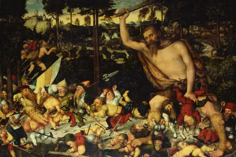 große Figur mit nacktem Oberkörper, die kleinen Personen droht