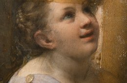 Freilegung der originalen Malschicht Puttengesicht mit teilweise abgenommener Vergilbung