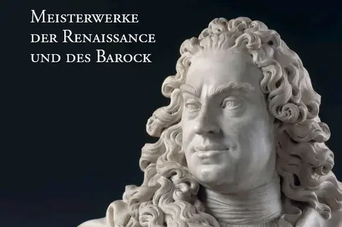 Ein Sammlungskatalog der Meisterwerke der Renaissance und des Barock der Gemäldegalerie Alte Meister mit  einer Büste des August des Starken auf dem Buchdeckel. 