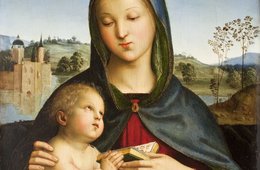 Raffael, »Madonna mit Kind und Buch«, um 1503, Norton Simon Museum, Pasadena Das Christuskind reicht der Jungfrau Maria ein Gebetsbuch ein