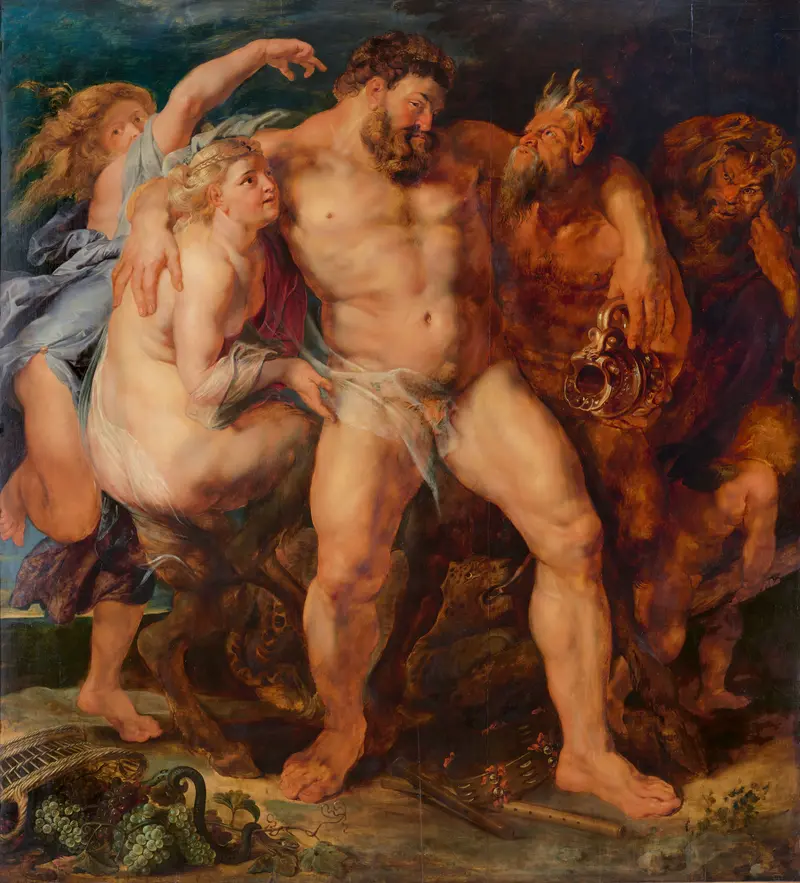 Peter Paul Rubens, Der trunkene Herkules, von einem Satyr-Paar geführt, um 1613/14 muskulöser, nackter Mann auf zwei Personen gestützt