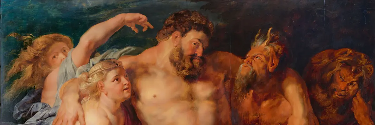 Peter Paul Rubens, Der trunkene Herkules, von einem Satyr-Paar geführt, um 1613/14 muskulöser, nackter Mann auf zwei Personen gestützt