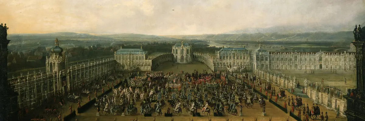 Johann Alexander Thiele, „Caroussel Comiques“ Aufzug im Zwinger 1722, vor 1725 Eine Ansicht des Zwingers des 17. Jahrhunderts aus Vogelperspektive