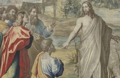 Ein Teppichbild mit einem verzierten Rahmen und einer Darstellung von Jesus Christus und 12 Jüngern. 