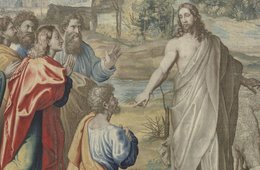 Raffael (Raffaelo Santi), Weide meine Schafe Ein Teppichbild mit einem verzierten Rahmen und einer Darstellung von Jesus Christus und 12 Jüngern.